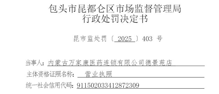 内蒙古万家康医药连锁有限公司德景苑店 因存在以买药品赠药品的违法行为被处罚