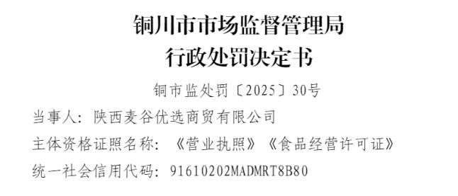 陕西麦谷优选商贸有限公司 因存在经营添加食品添加剂以外的化学物质的食品的违法行为被处罚